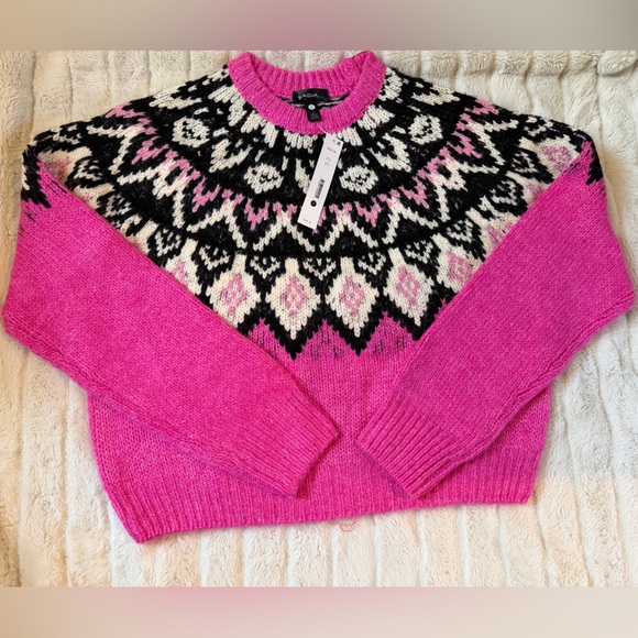 AQUA Bloomingdale’s exclusive Fair Isle Crewneck Sweater Pink NWT - Picture 7 of 12